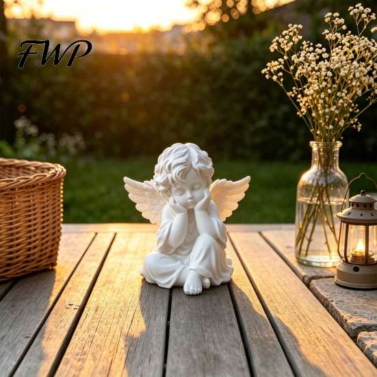 Guardian Angel Statue 3D Printed Retro Figurine, Holding Chin Statue, Matte Ornament White Sculpture for Home Office Desk Decor Outdoor