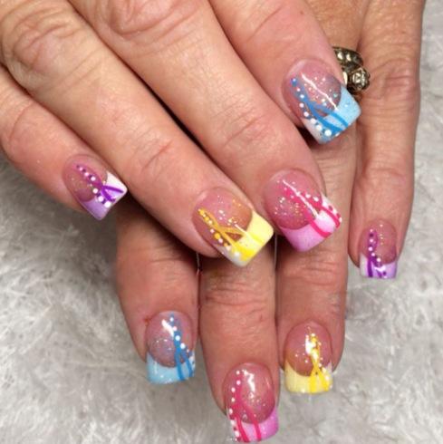 New Short Square Wearing Nail Glitter, Colorful Ribbon Polka Dot Macaron Contrasting Fake Nail Piece *3pcs