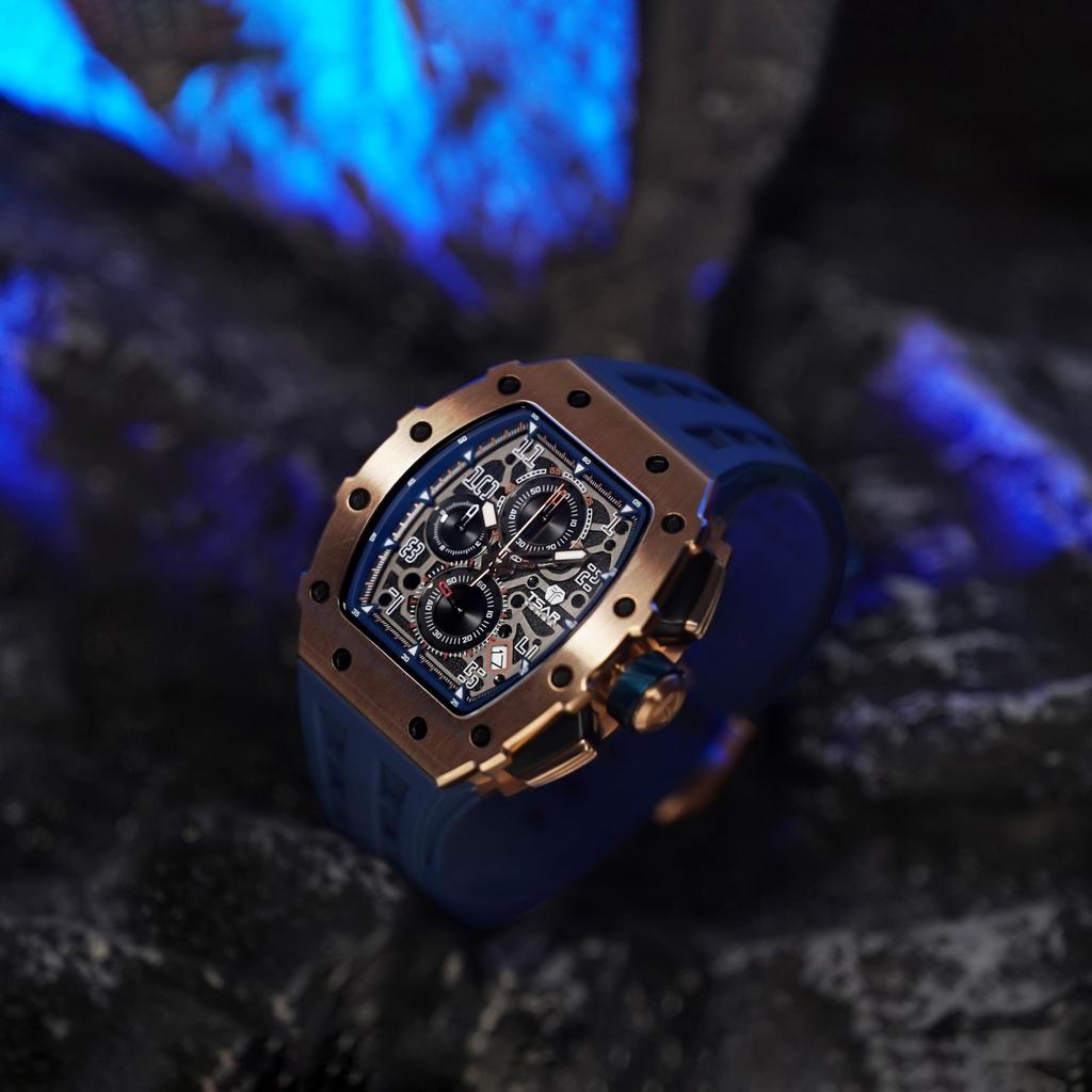 TSAR BOMBA Men's Skeleton Mechanical Automatic Watch Ceramic Japanese Movement Tonneau Silicone Strap 50M Water Resistant Luminous Luxury Business