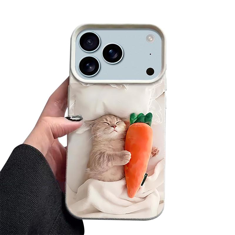 Sleeping Cat Carrot Pattern Case For iPhone 17 Pro Max Funda iPhone 16 Pro Max 15 14 13 12 11 Air 16E Leather Texture Silicone Cover