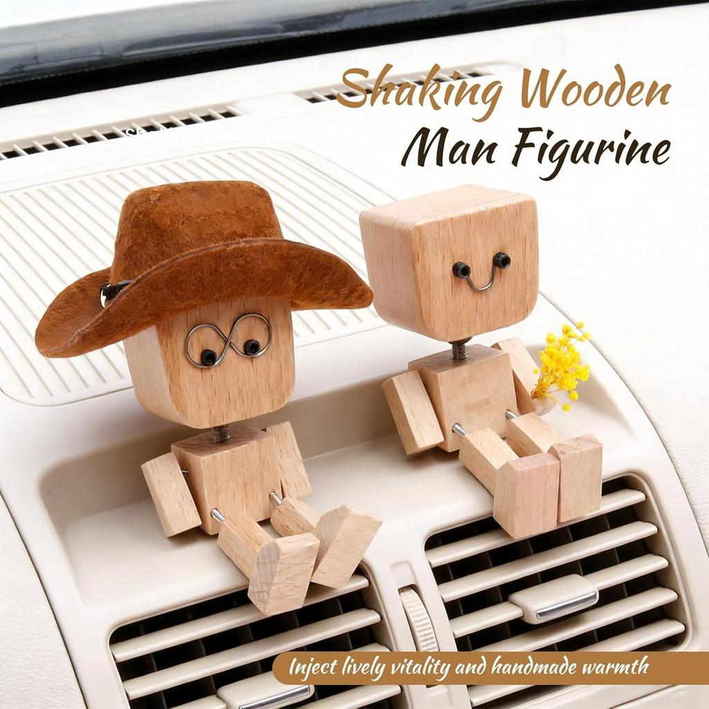 Shaking Wooden Man Figurine,Shaking Feet Wooden Doll with 24Pcs Expressions for Dashboard Decorations,Car Dashboard Figurines Charming Little Wood