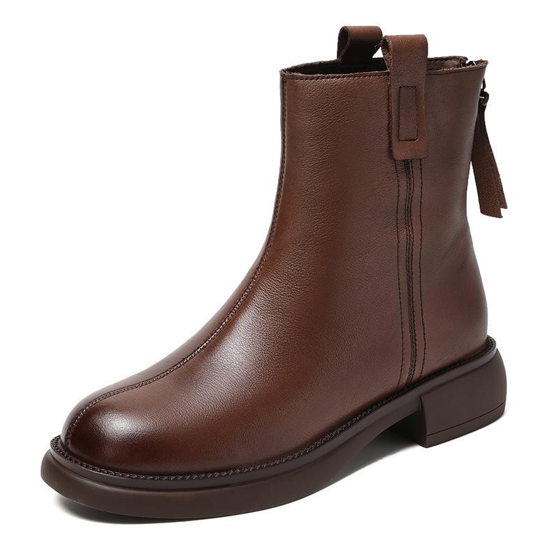 Leather Women's Shoes 2026 Autumn and Winter New British Retro Rear Zipper Thick Heel Boots Martin Boots Skinny Boots Women's Short Boots