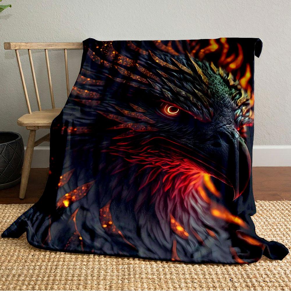 A fiery, phoenix-like bird with glowing feathers and intense, vivid eyes. for all seasons blanket lunch break throw gift