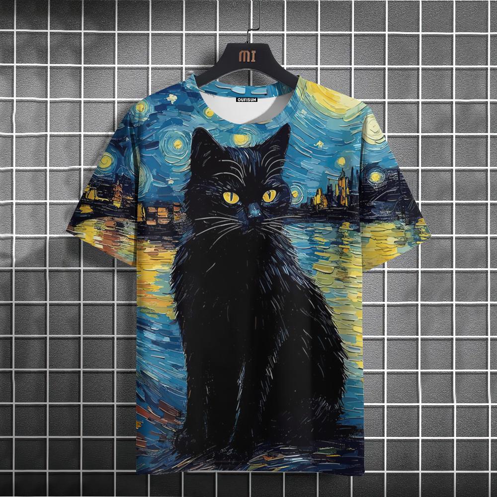 Oil Painting Cat Pattern T-shirt Short-sleeved Top