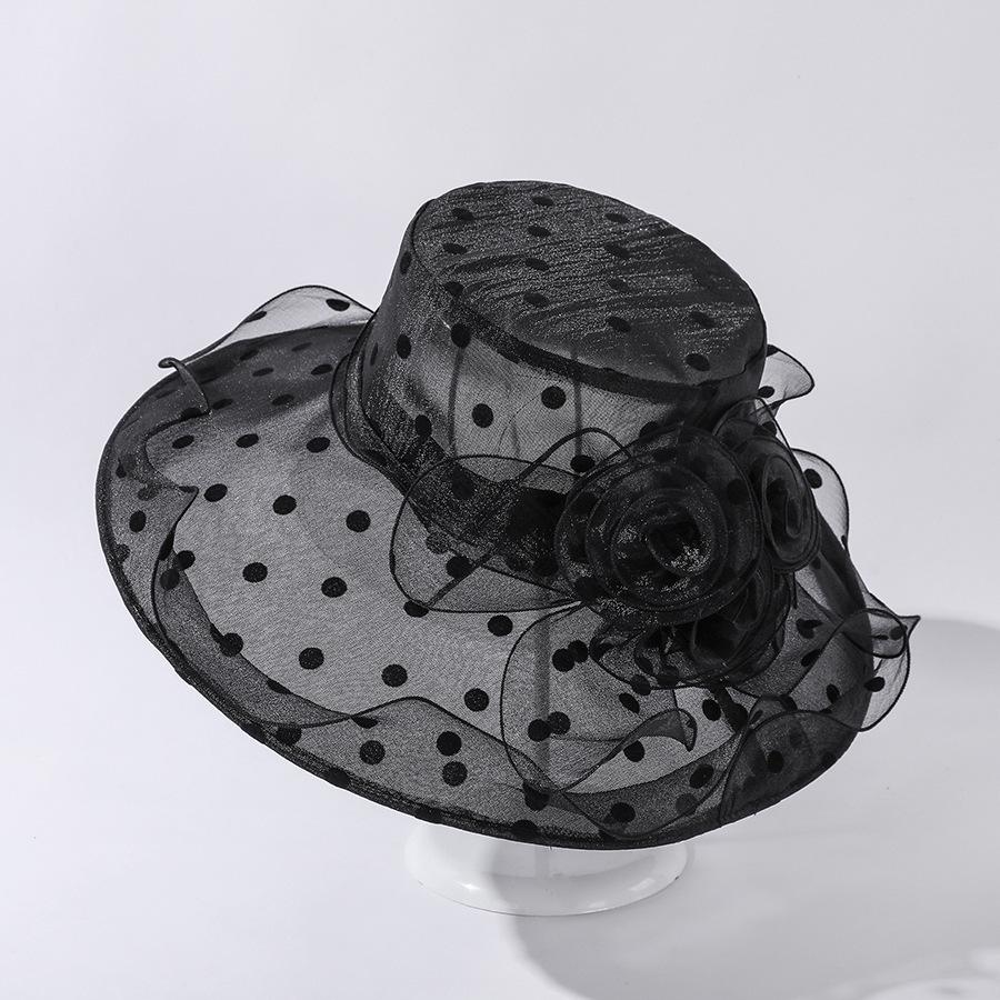 Einzigartiges Design Organza Sonnenhüte für Damen Breiter Rand Klassisch Schwarze Pünktchen Fischerhut Damen Faltbar Atmungsaktiv Strandmützen
