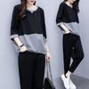 Women's Loose Fit Two-piece Suit Three Quarter Sleeve Color Block Top Elastic Waist Ankle Pants Casual Matching Set