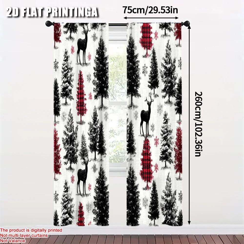 2pcs 2D flat printing Window Treatment Curtains Christmas Deer Snowflake Plaid 100% Polyester Without Electricity Holiday
