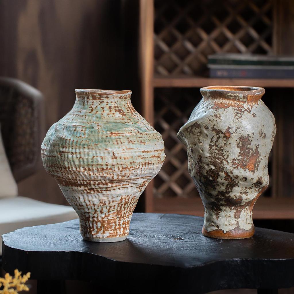 Wabi-Sabi Retro Ceramic Vase for Living Room or Tea Room – Vintage Chinese Style Flower Arrangement Ornament