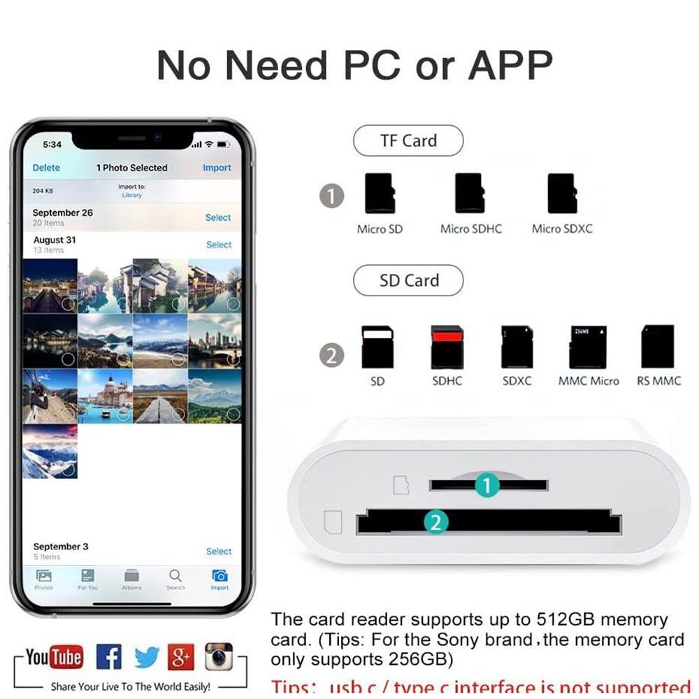 2 In 1 Lightning to SD/TF Card Reader Fast Data Transfer Compatible with Ios, No App Required