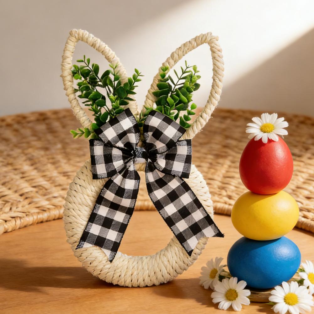 Spring Floral Wreath Easter Bunny Wreath with Hemp Rope Bow Spring Rabbit Door Hanging Sign Farmhouse Front Porch Wall Window