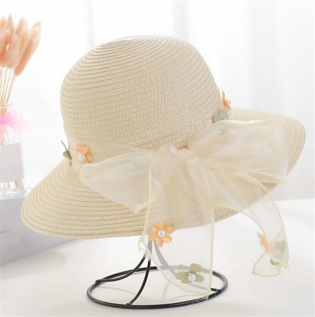 Summer Vacation Holiday Beach Straw Hat Women Girl Lace Bowknot Floral Sun Hat Sunshade Cap Large
