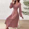 Spring and Summer Fashion V-Neck Lantern Long Sleeved Dress with Twisted Edges, Elegant Mid Length Dress