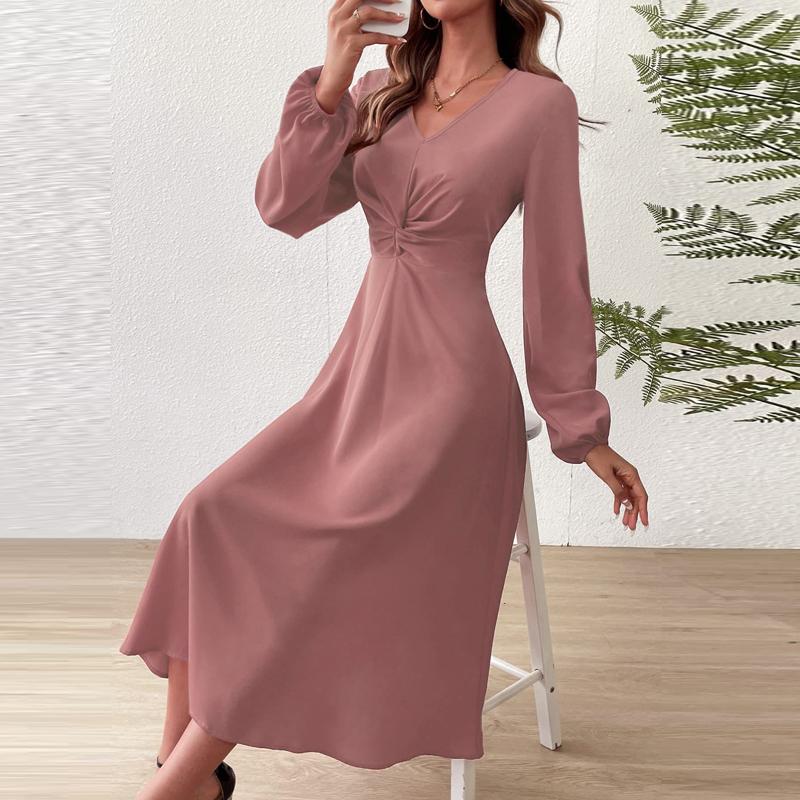 Spring and Summer Fashion V-Neck Lantern Long Sleeved Dress with Twisted Edges, Elegant Mid Length Dress