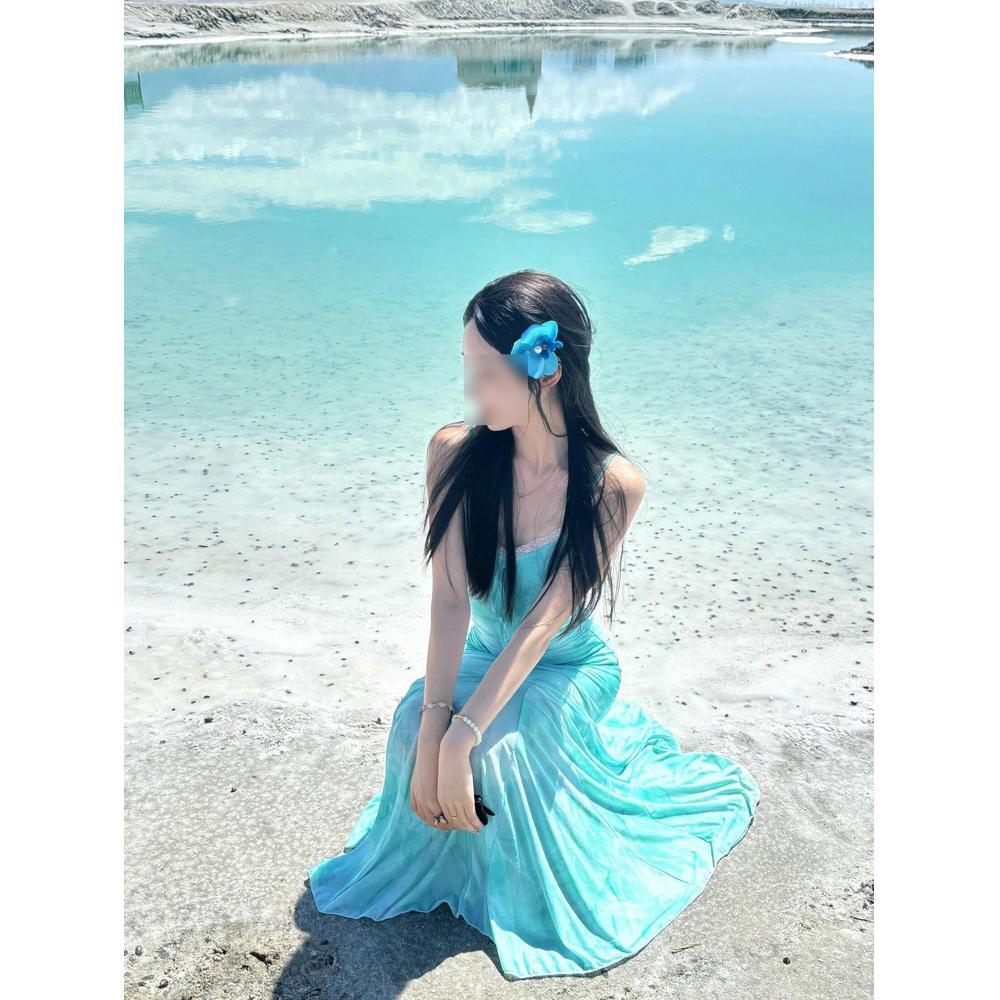 Design Sense Green Retro Printed Mesh Suspender Dress Atmosphere Holiday Wind Beach Photo Fishtail Dress
