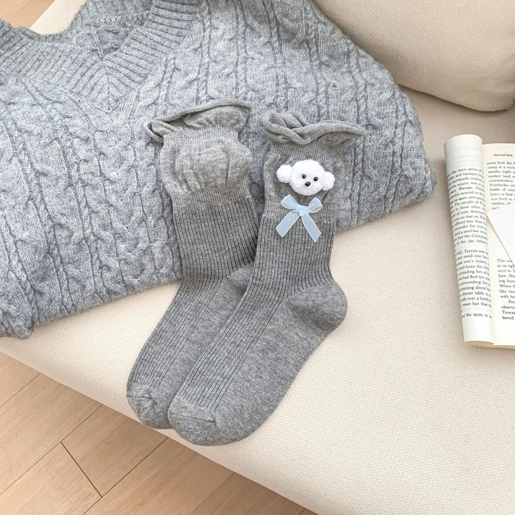 Ladies Autumn Winter Thickened Warm Cute Bow Cartoon Dog Wool Drum Pile Socks