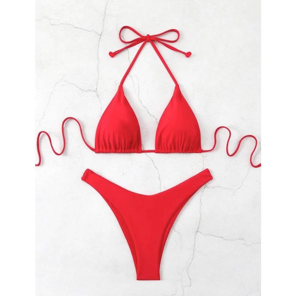 New Halter Bikini Women Solid Color Two-Piece Set Sexy Split Swimsuit Yellow Red Black Coffee White Pink Lace Up Bathing Suit