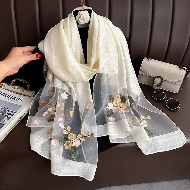 Floral Embroidery Elegant Silk Scarf Simulated Silk Soft Thin Shawl Scarf Solid Color 180*70Cm Beach Uv Protection Turban