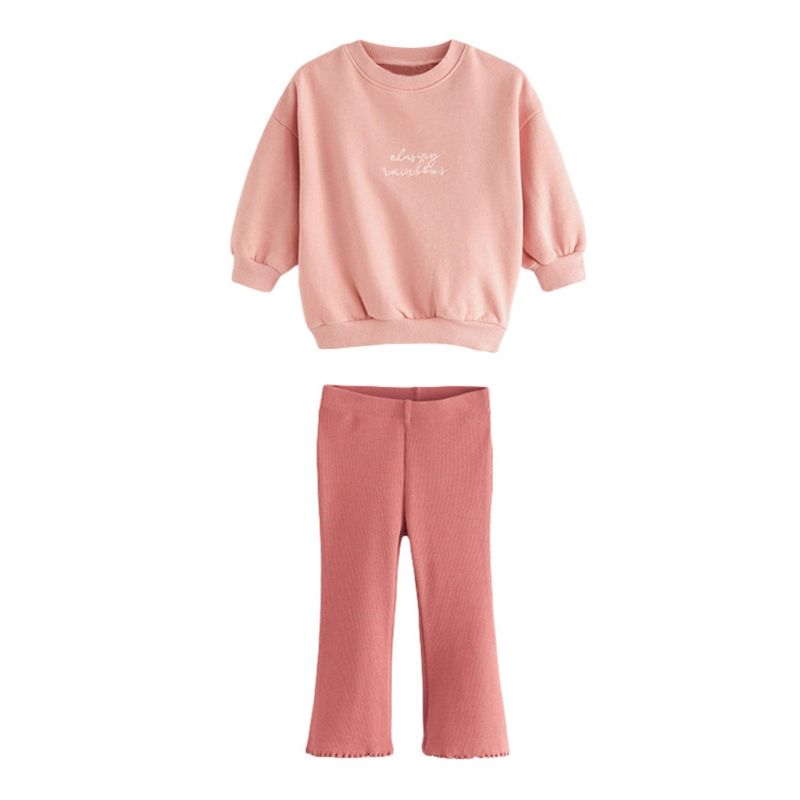 Autumn and Winter Girls' Pink Pullover Sweatshirt Set 2025 Autumn Children's Stylish Top with Flared Long Pants