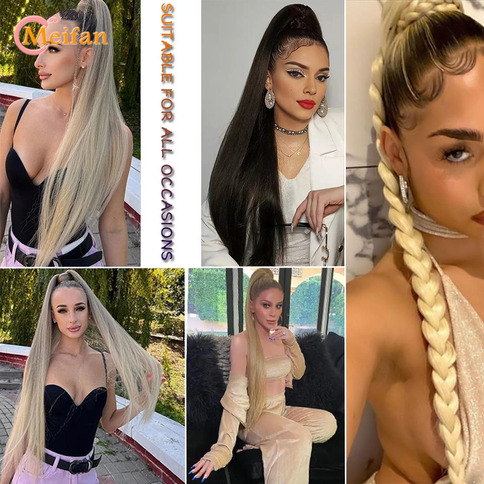 Συνθετικές προεκτάσεις αλογοουράς 24 ιντσών Μαύρο, φυσικό πλεκτό, ουρά πόνυ, μακριά ίσια μαλλιά από καουτσούκ για γυναίκες