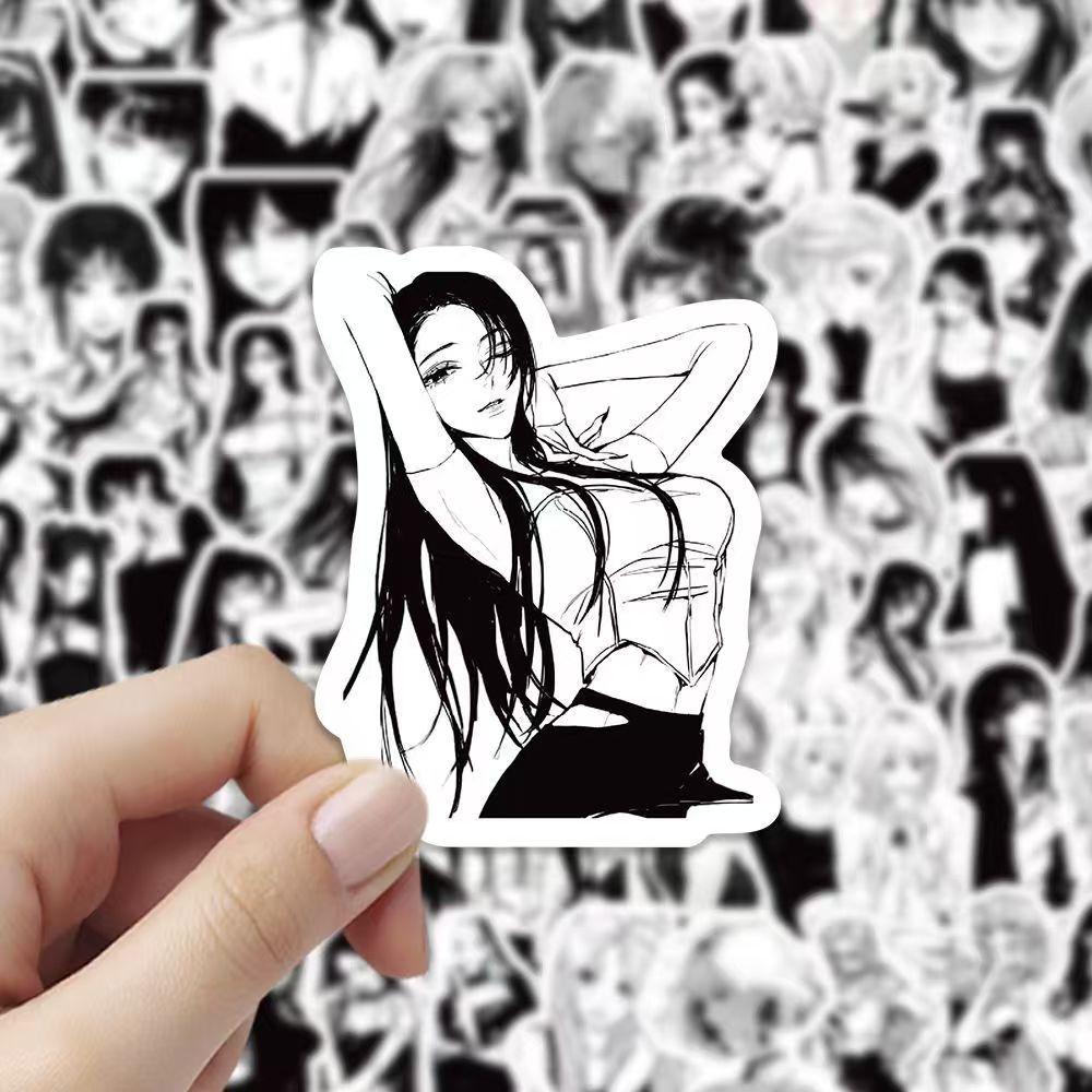 Anime Dívky Černobílé Samolepky, 100 kusů (neopakováno), voděodolný a opalovací krém.