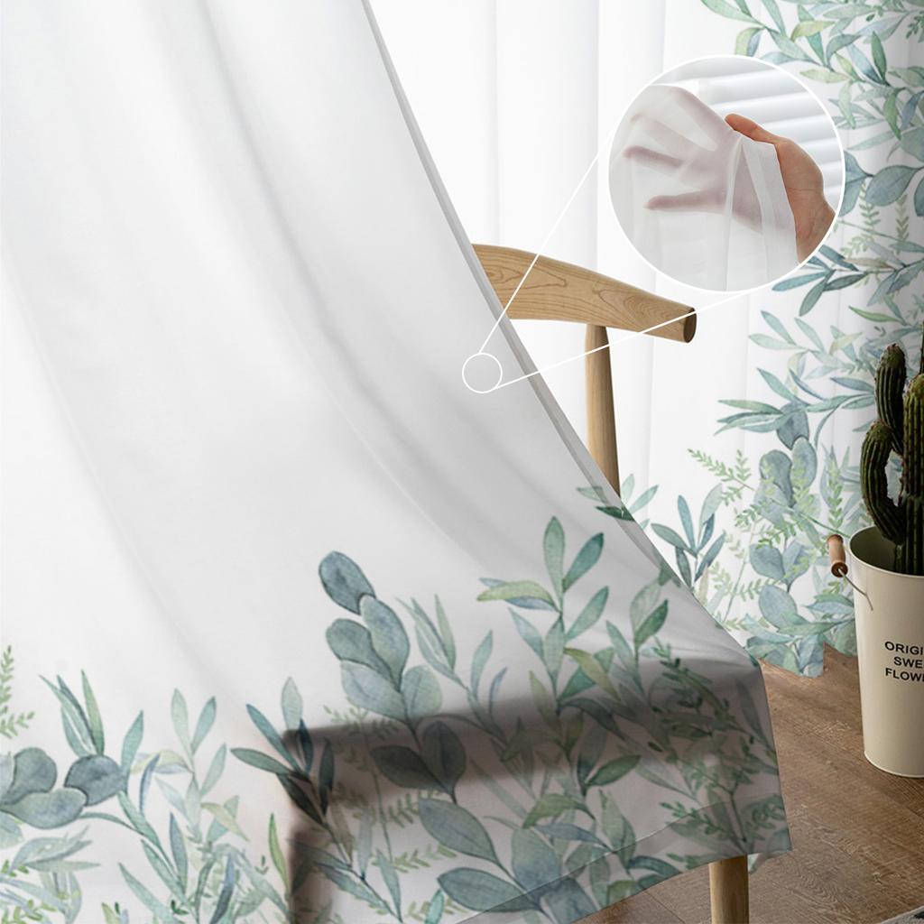 Watercolor Eucalyptus Leaves Abstract Window Curtains Sheer Chiffon Tulle Curtain Home Living Room Backdrop Decoration