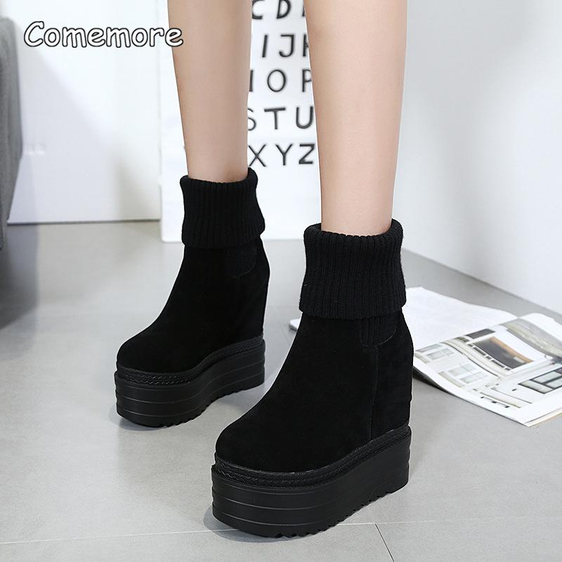 Winter Fashion Platform Black Boots Wedges Women's Botas Height Increasing Ankle Boots Knit Collar Chunky Heel Shoes for Women