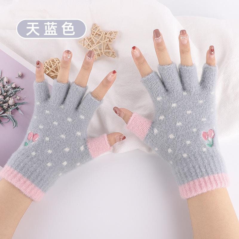 New half-finger gloves women's winter cold protection and warmth dew finger cartoon embroidery cherry warm work writing gloves