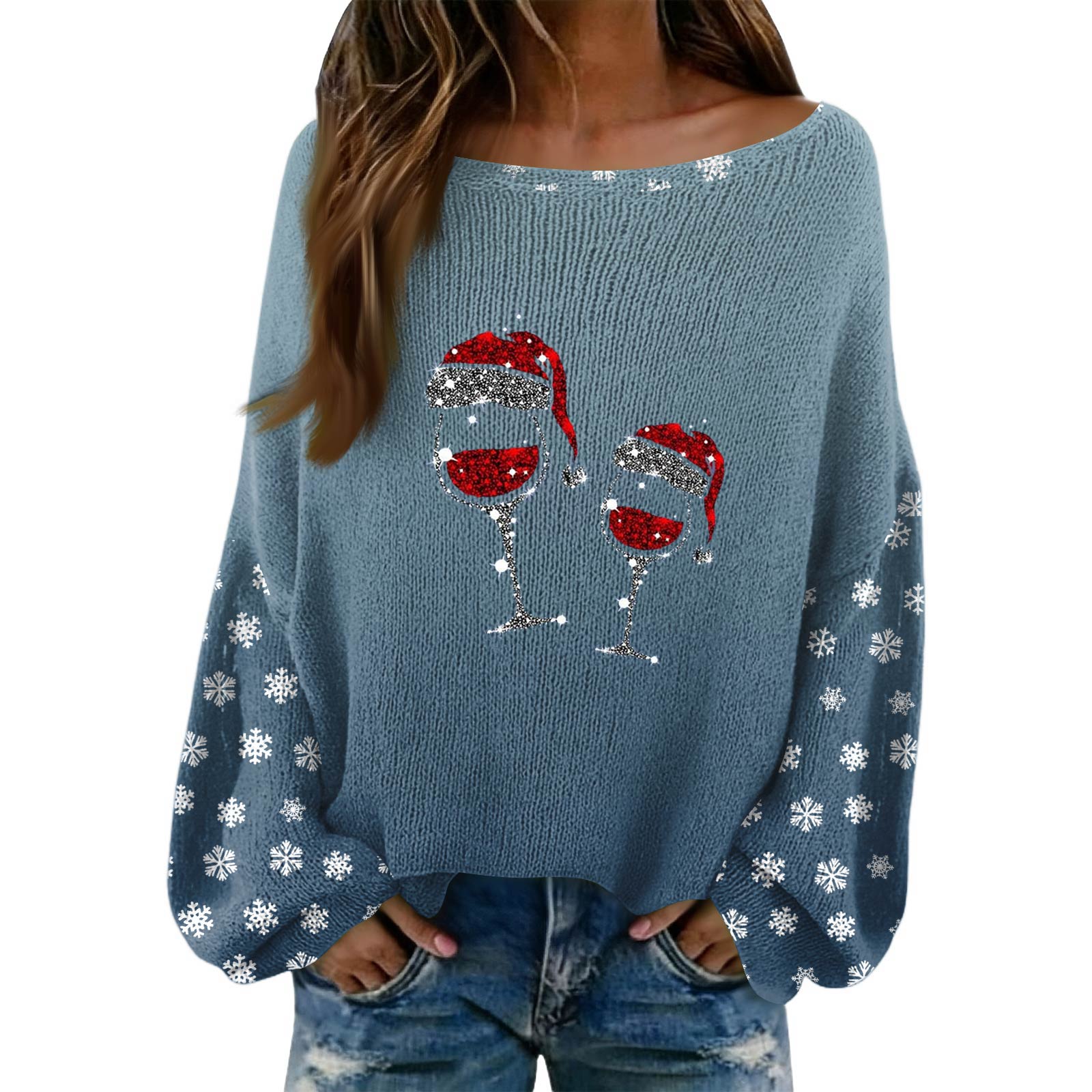 Women s Fashion Long Sleeved Elegant Sweater Top L синий