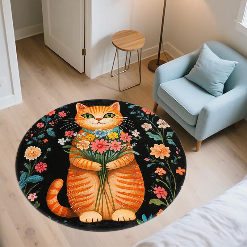 Flower Border Animals,Round Area Rug,Carpet Rug for Living Room Bedroom Sofa Playroom Decor,Non-slip Floor Mat