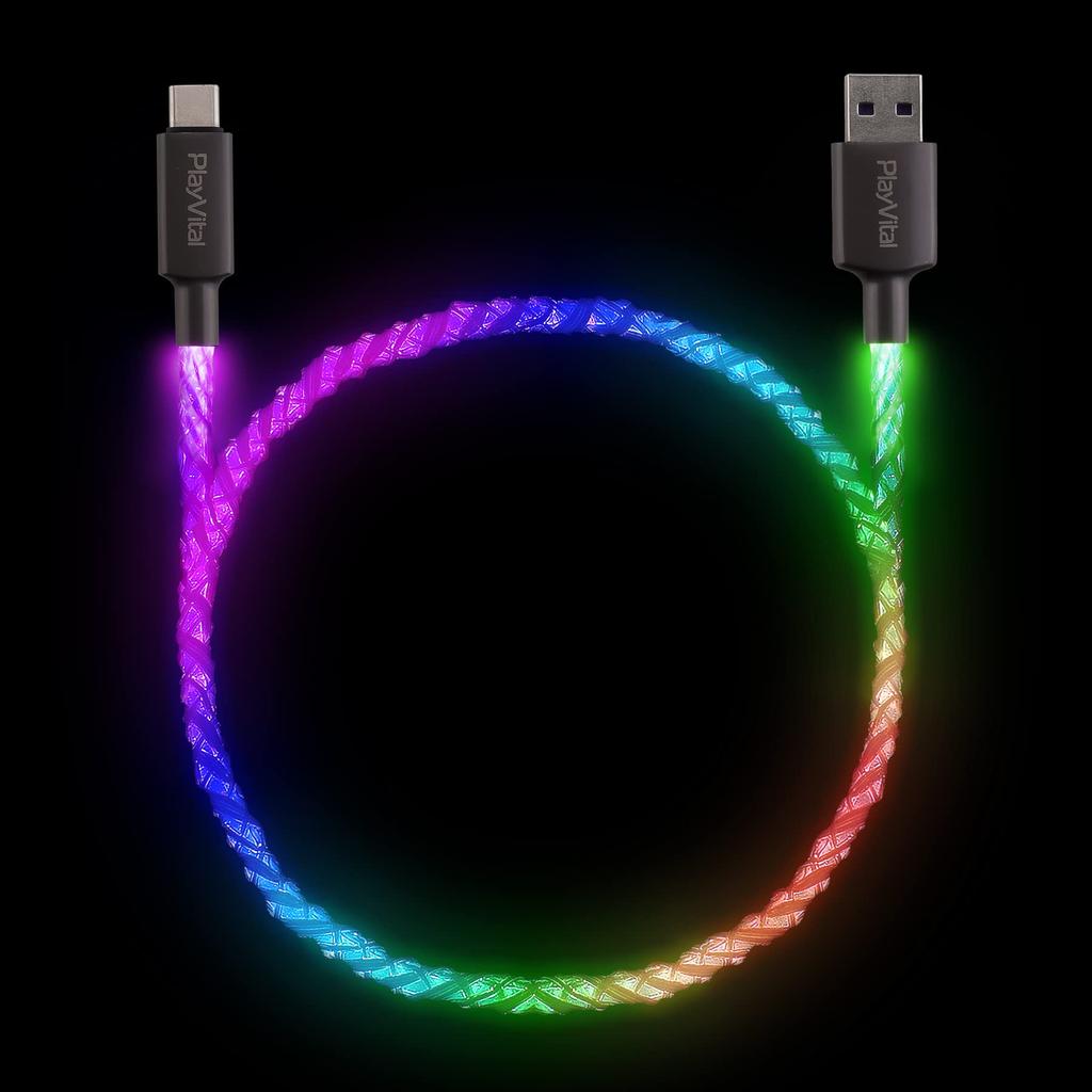 PlayVital Illuminated Charging Cable for PS5 USB Charging Cord for Universal LED Data Cable for Xbox Series Pro Controllers Controller, Type-C