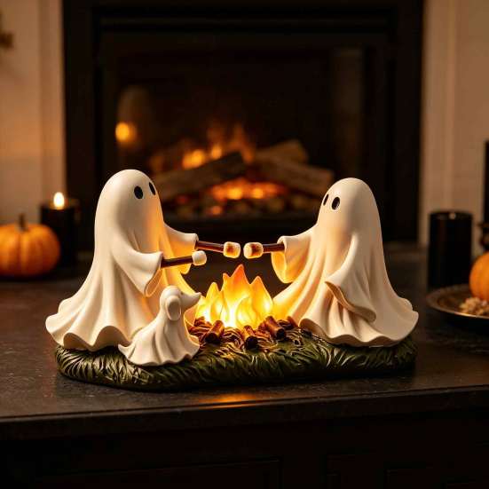 LED Light Up Bonfire Statue Ghost Roasted Marshmallows Ornament, Durable Resin Cute Halloween Desktop Ornament for Fireplace Craft, Decorative