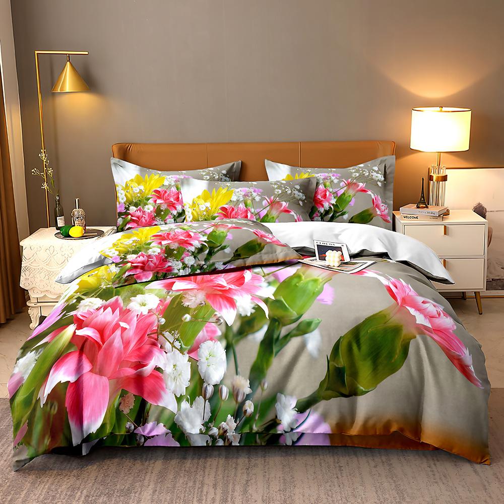High-value beautiful flower digital printing bedding twill universal double quilt cover three-piece set 3Pcs