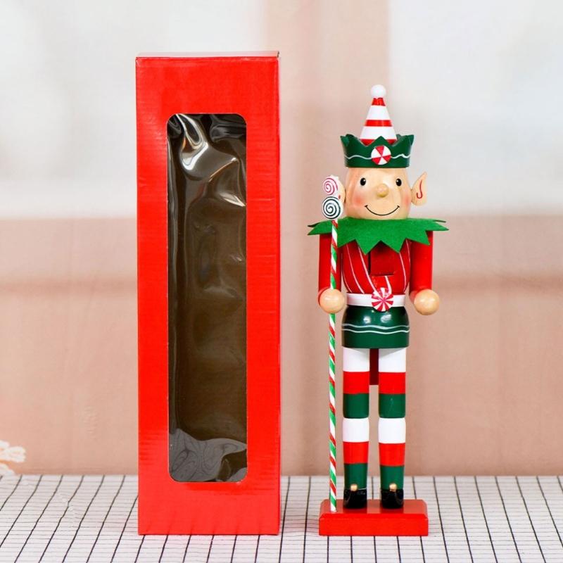 Creative Wooden Elf Nutcrackers Statue with Candy Canes Christmas Seasonal Display with Intricate Engraving Designs