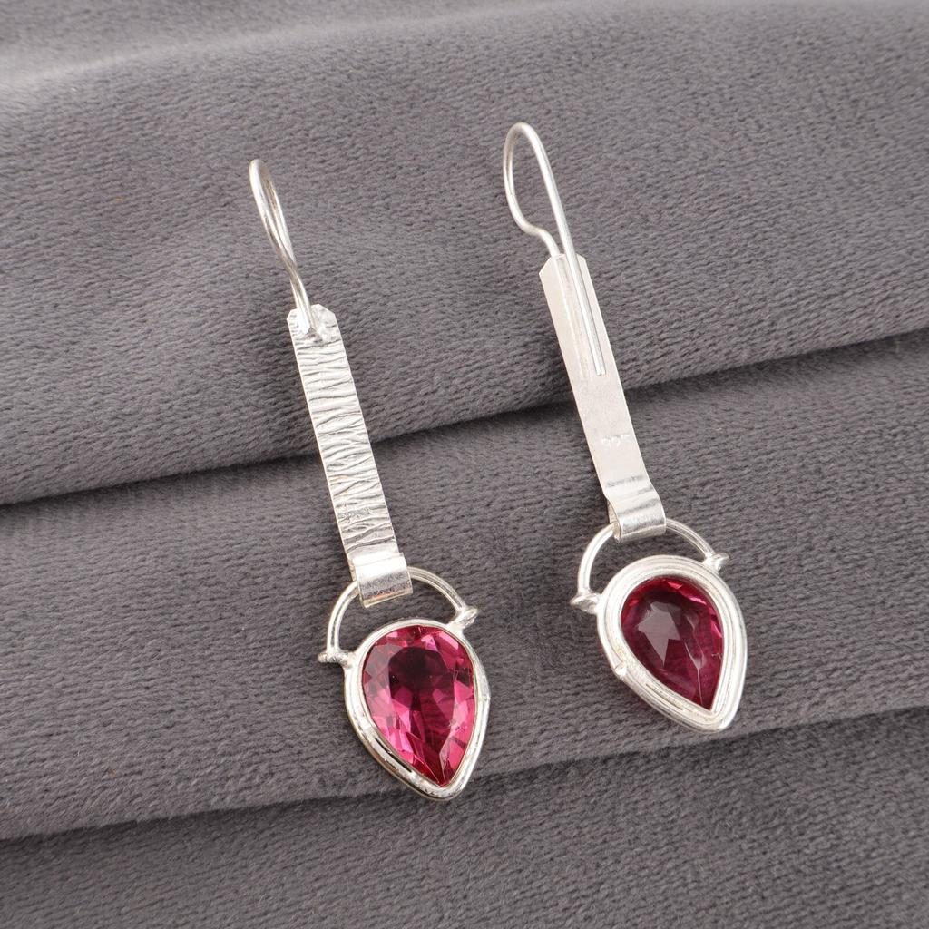 Rosa Turmalin Edelstein 925 Sterlingsilber Schmuck Handgefertigte Ohrringe 2,3" EE-166-7
