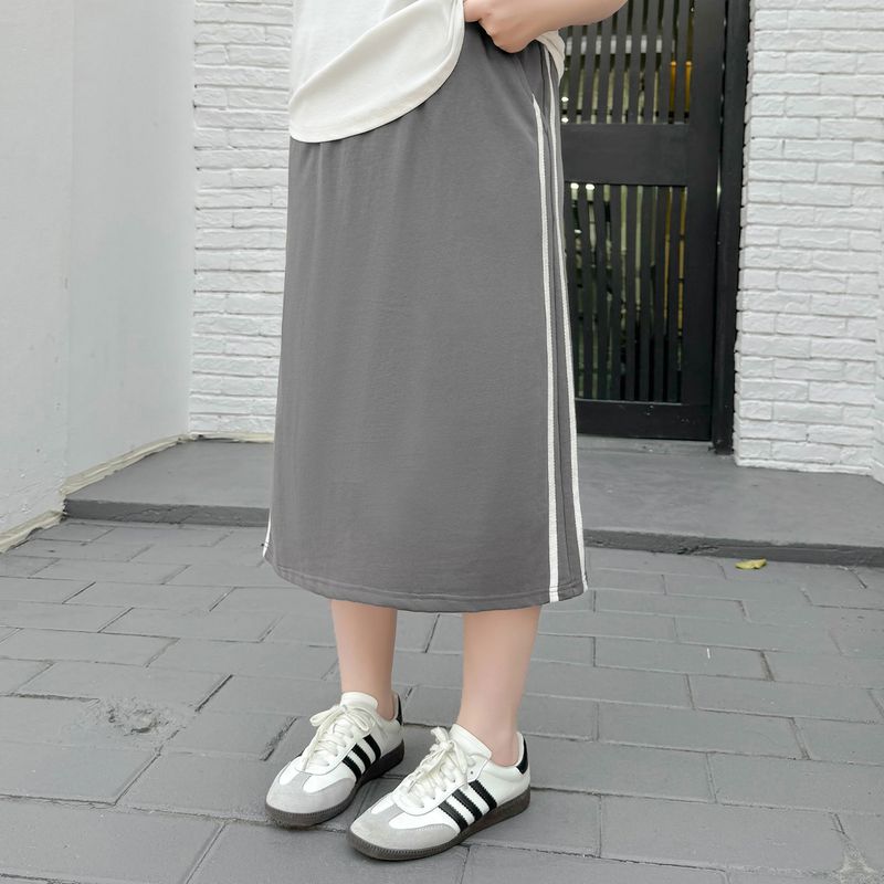 

Plus size women clothing [Treasure Skirt] Chubby Girl Summer High Waist Loose Side Ribbon Patchwork Split Half Skirts Grey Spell White-Skirt 8xl