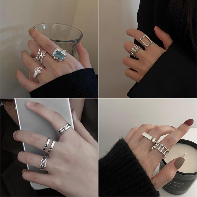 Sada kovových prstenů stříbrné barvy Nový trend Vintage Elegantní nepravidelné duté větve Nastavitelné prsteny pro ženy Jemné párty šperky