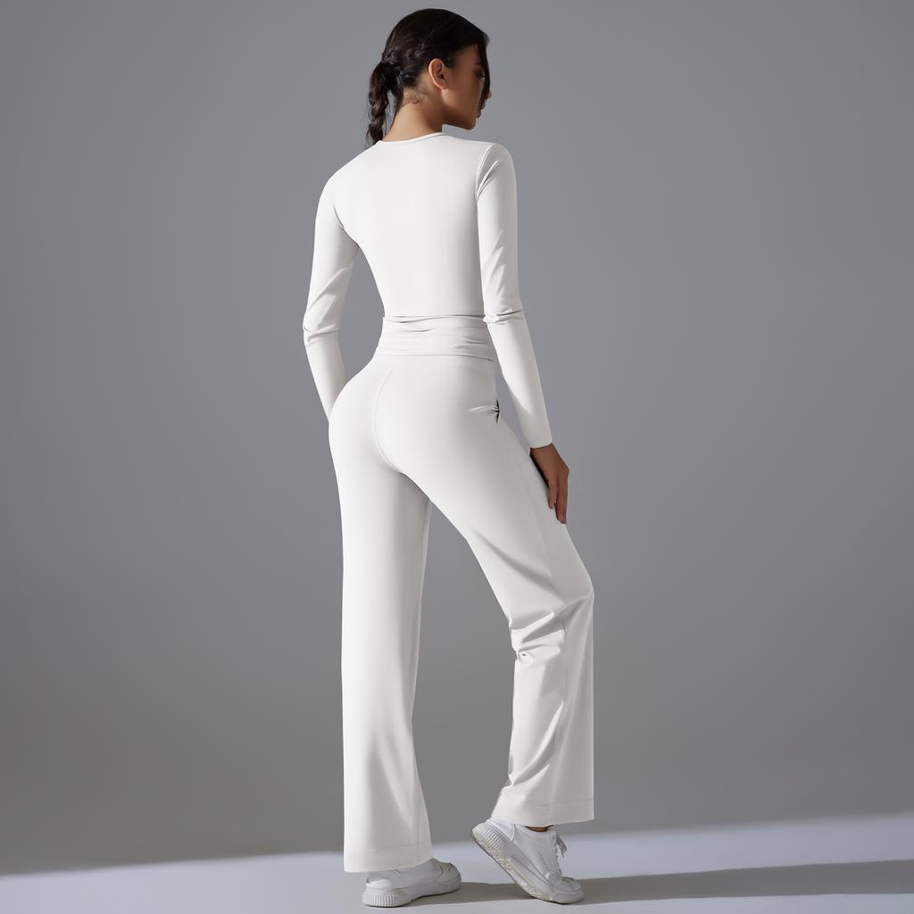 Nessaj Yoga Sportswear With Pockets Women Gym Suits Wide Leg Pants Long Sleeve Shirts Sports Tracksuit