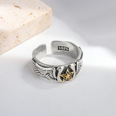Neuer Eingang Retro Adlerflügel Stern Design Thai Silber Herren Hip Hop Punk Party Ring Schmuck für Männer Weihnachtsgeschenke Kein Verblassen