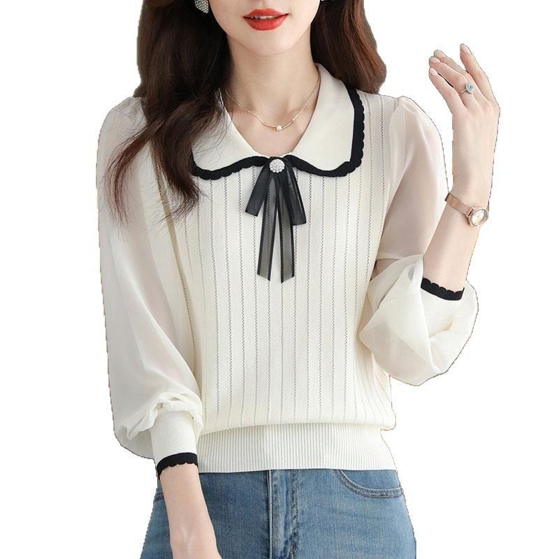 Ice Silk Top Women's Autumn New Knitted Bottoming Shirt Season Doll Collar Splicing Shirt