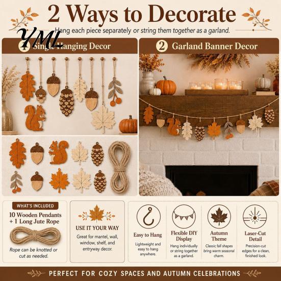 Sustainable Gift for Her Fall Wooden Garland Decor, Rustic Autumn Hanging Ornament with Squirrel Sun Bleached Wood Art Maple Leaf Pinecone,