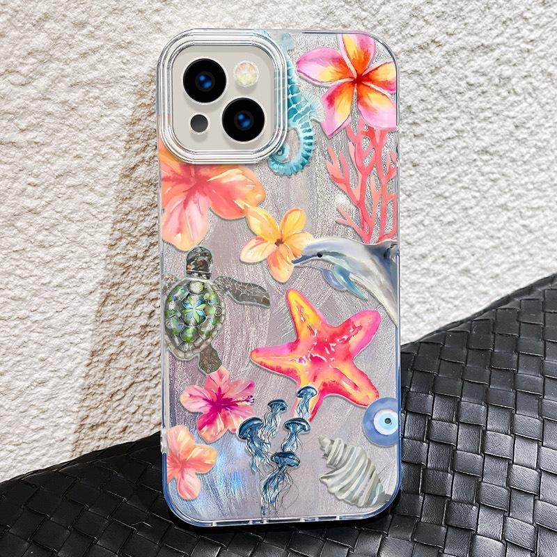Funda de Teléfono Delfín Tortuga para iPhone 16 Promax 15Plus 14 13 12 Pro Max 11 X XR XS MAX 7 8 Plus SE2 Cubierta de Pluma