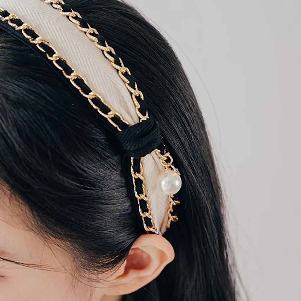 Pearl Pom-Pom Tweed Handmade Hairband (21HB034) Black