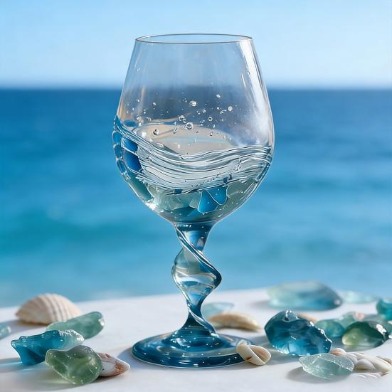 Spiral Cup Handle Wine Glass with Gradient Blue-Green Tone Unique Wave Texture Design Handheld Spiral Wine Cup