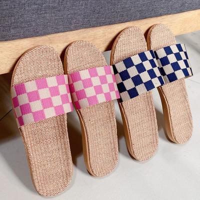 Plaid Summer New Four-season Linen Slippers Women's Home Couple Wooden Floor Indoor Soft Bottom Non-slip Slippers Men