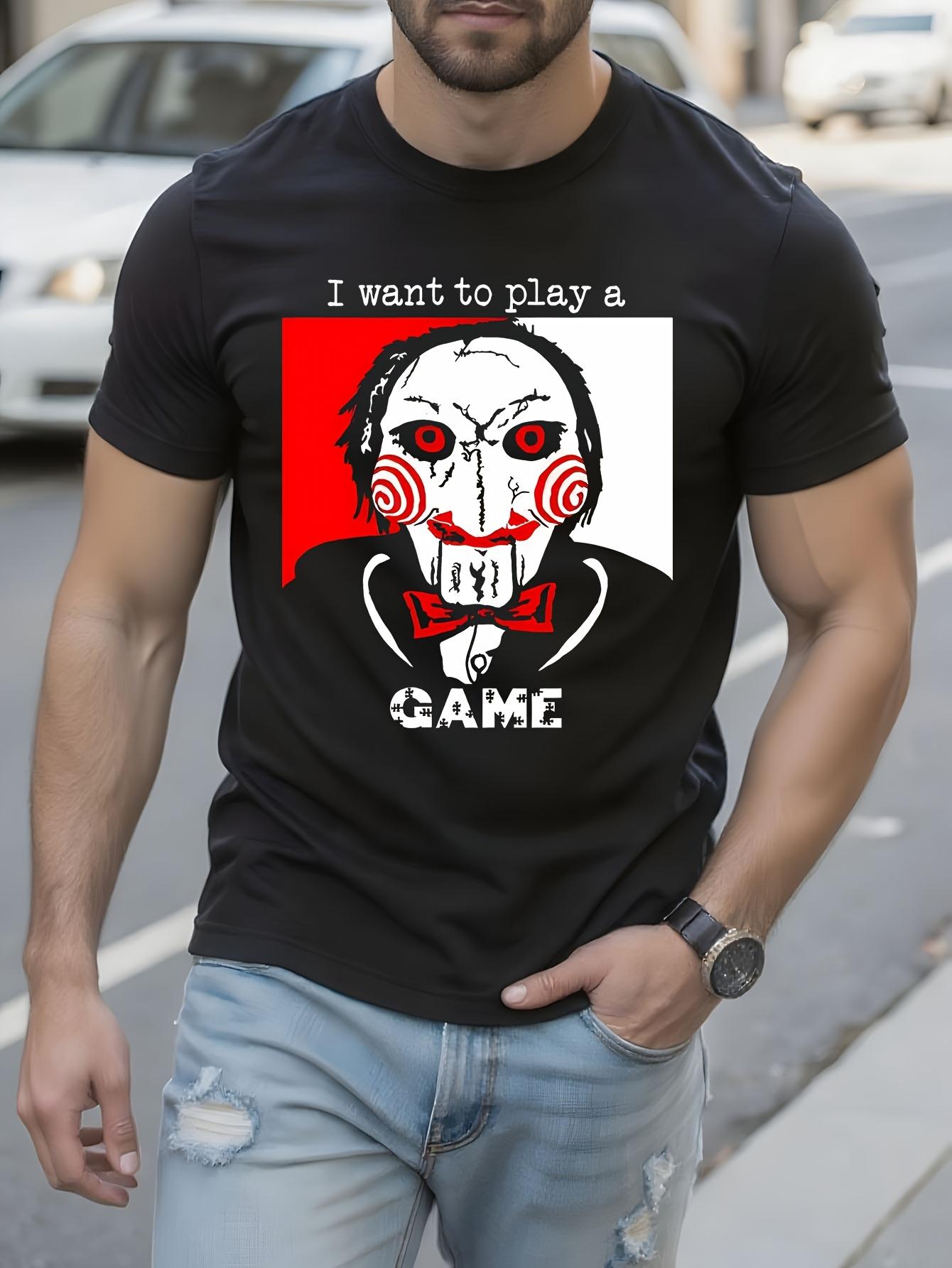 Horror Movie Graphic - Saw Game Design with Red Mask & Chains - Black Tee T-shirt L