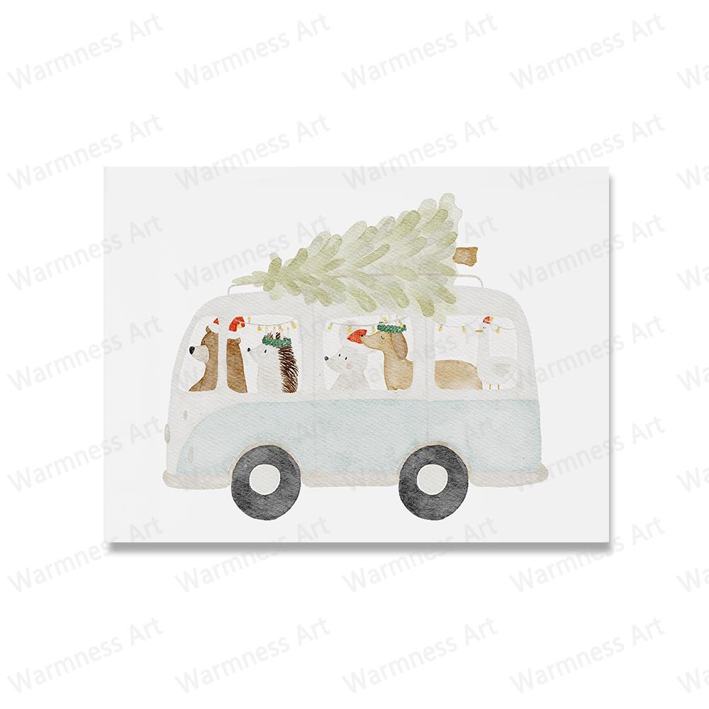 Funny Animals Bear Deer Goose Car Posters Christmas Tree Prints Wall Art Canvas Snowman Pictures for Baby Kids Room Home Decor