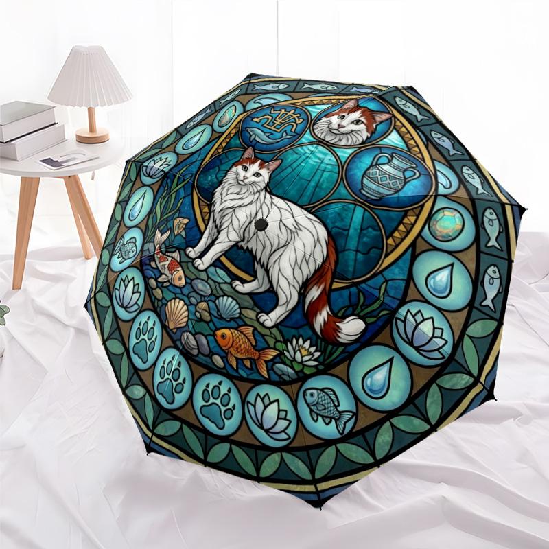 Aquatic Cat Mandala Pattern Umbrella, Portable and Foldable Design, 8 Ribs, a Casual Accessory for Halloween, Christmas, and Birthday Gifts.