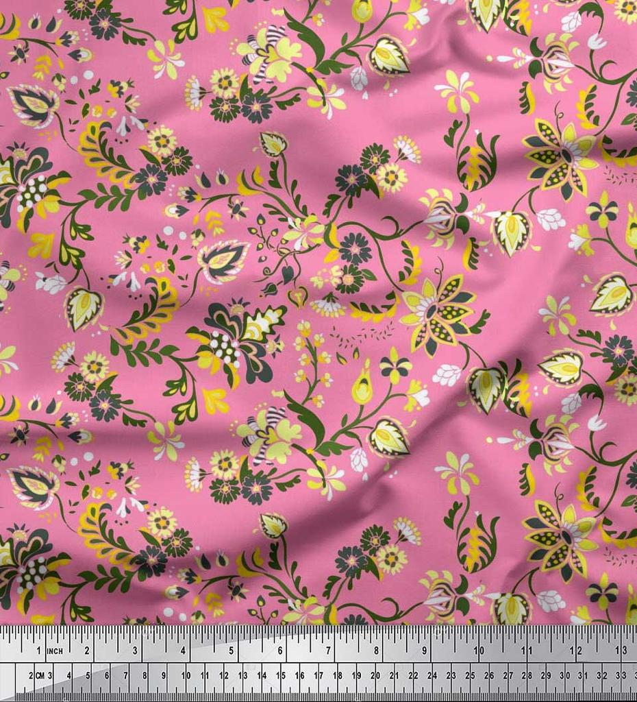 Soimoi Japan Crepe Satin Fabric Leaves & Floral Artistic Decor Fabric Printed Metre 42 Inch