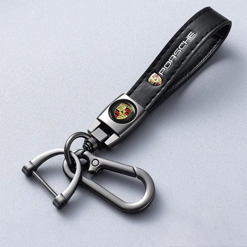 

1Pcs Car Metal Key Chain Fine Leather Emblem Key Ring For Porsche Panamera Taycan 911 718 Macan Cayenne Boxster Cayman 918 Pajun
