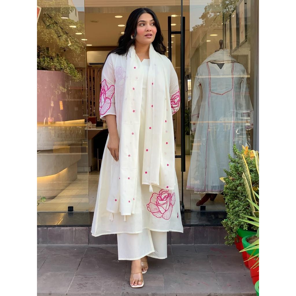 Beautiful White Pure Cotton Kurti Pant Dupatta Set Indian Designer Kurta Set